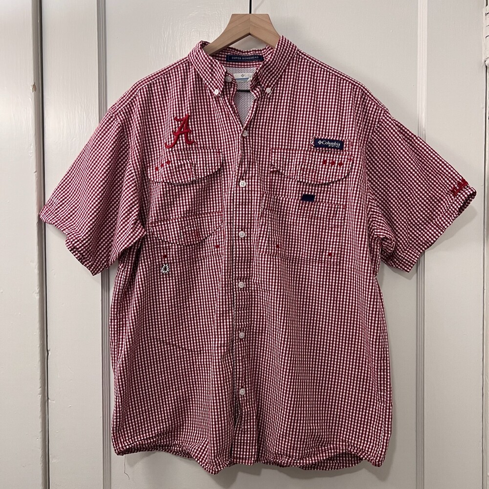 Columbia Men's Alabama Crimson Tide PFG Super Bonehead Gingham Shirt Size M